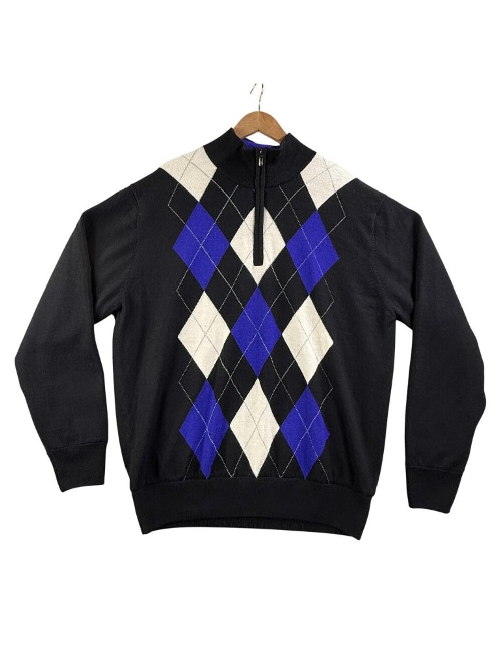 FootJoy Sweater Mens Large Black Argyle 1/4 Zip Mock Neck Wool Golf Pullover